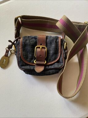Fossil Mini Denim Leather Crossbody Bag Striped Strap
